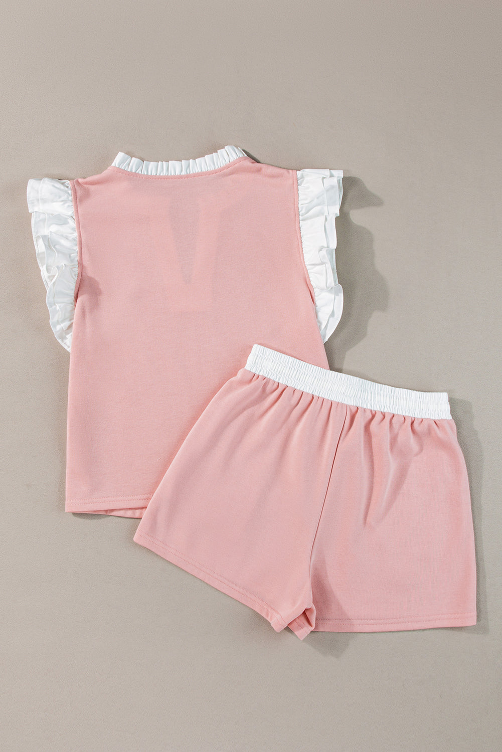 Contrast Trim Ruffled Top And Drawstring Shorts Set | Light Pink