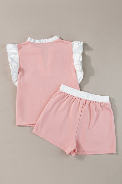 Contrast Trim Ruffled Top And Drawstring Shorts Set | Light Pink