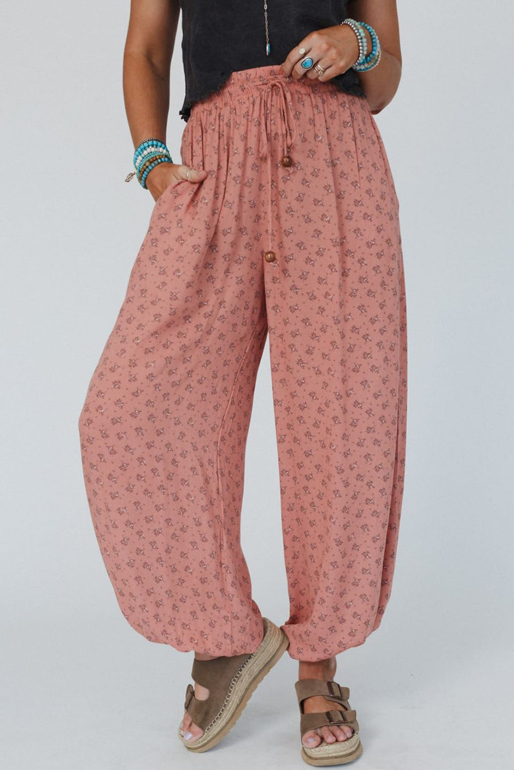 Boho Floral Printed Wide Leg Jogger Pants | Pink