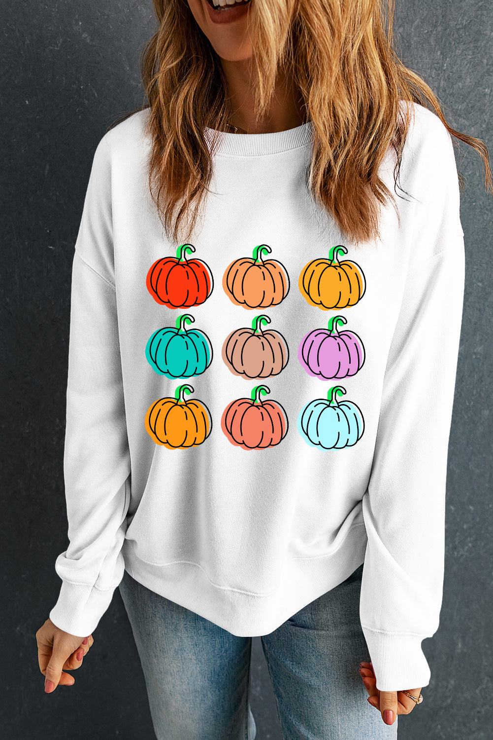 Vibrant Pumpkins Print Crew Neck Halloween Sweatshirt | Beige