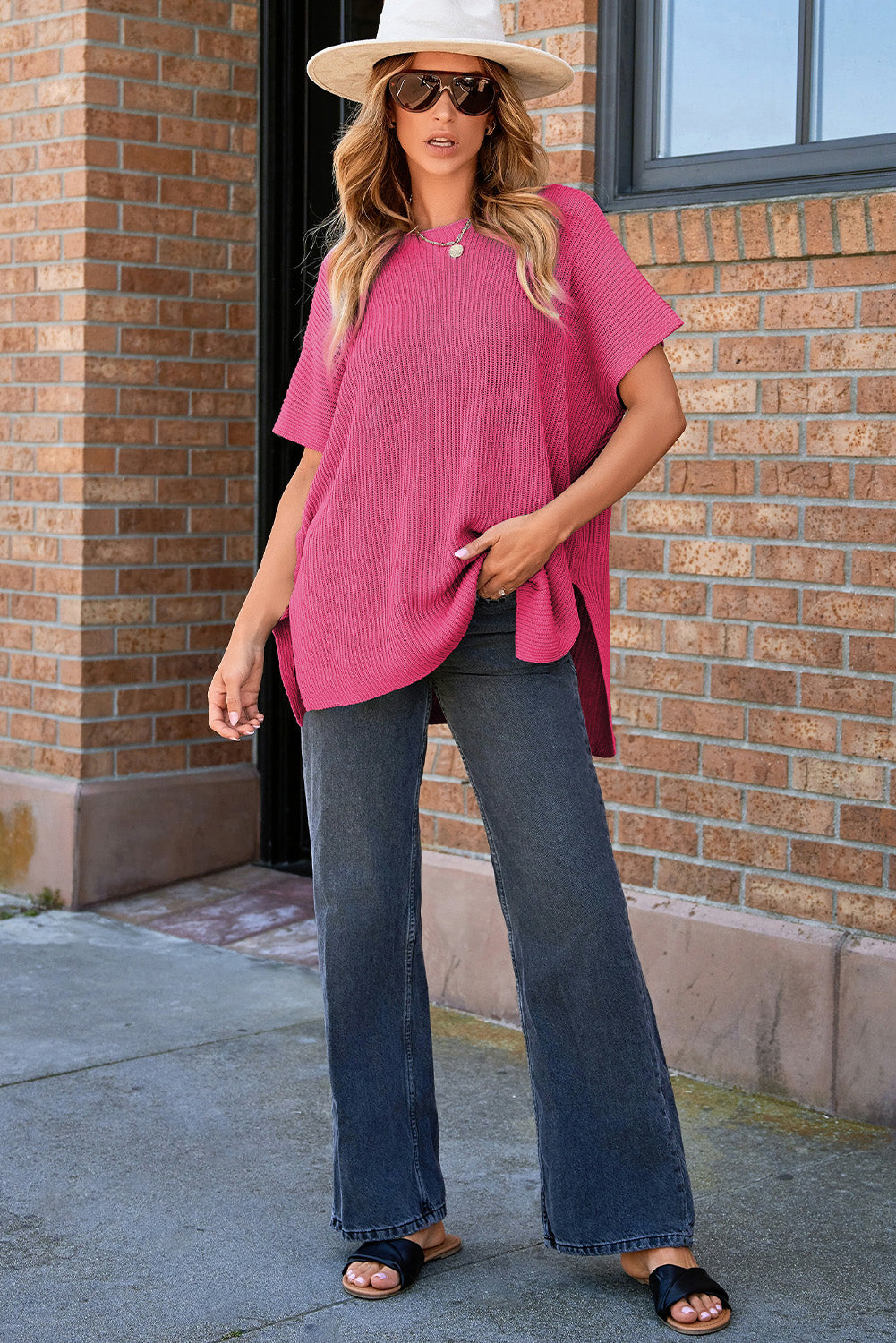 Short Sleeve Side Slit Oversized Sweater | Rose Red