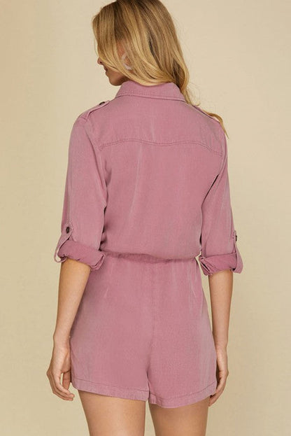 Roll Up Sleeve Flap Pockets Drawstring Playsuit | Peach Blossom