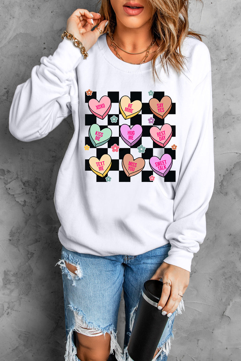 Checkered Valentines Letter Heart Pattern Sweatshirt | White