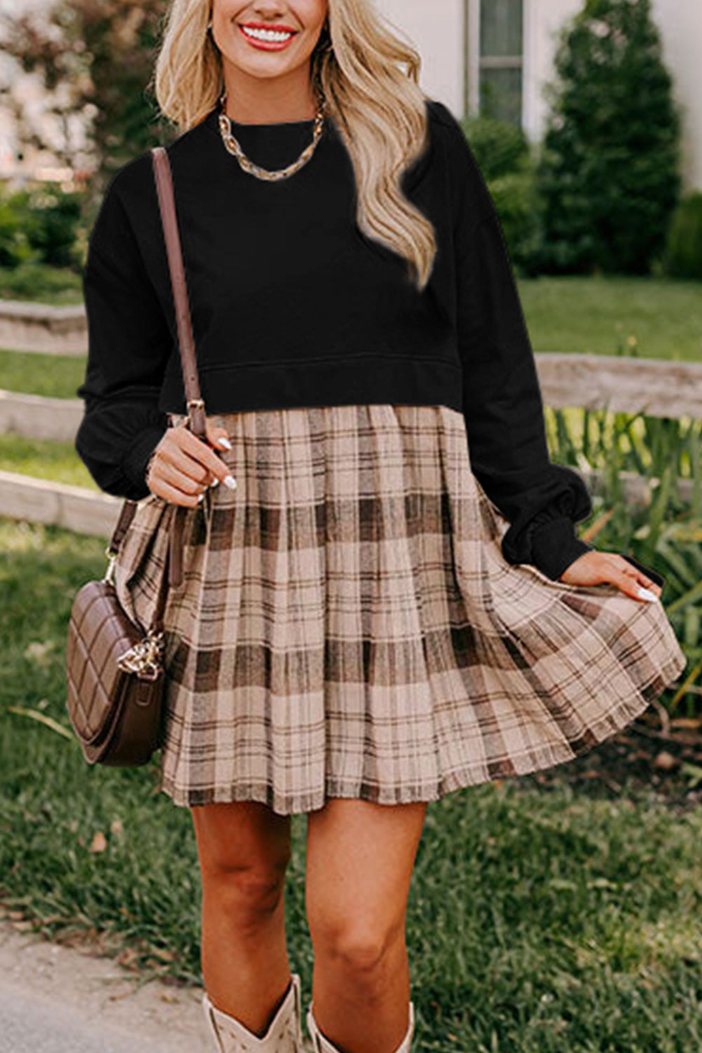 Plaid Patchwork High Waist Sweatshirt Mini Dress | Black