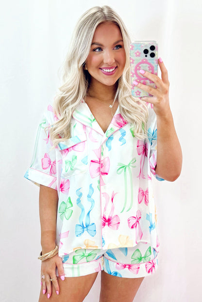 Bowknot Print Buttoned Shirt High Waist Shorts Pajama Set | White