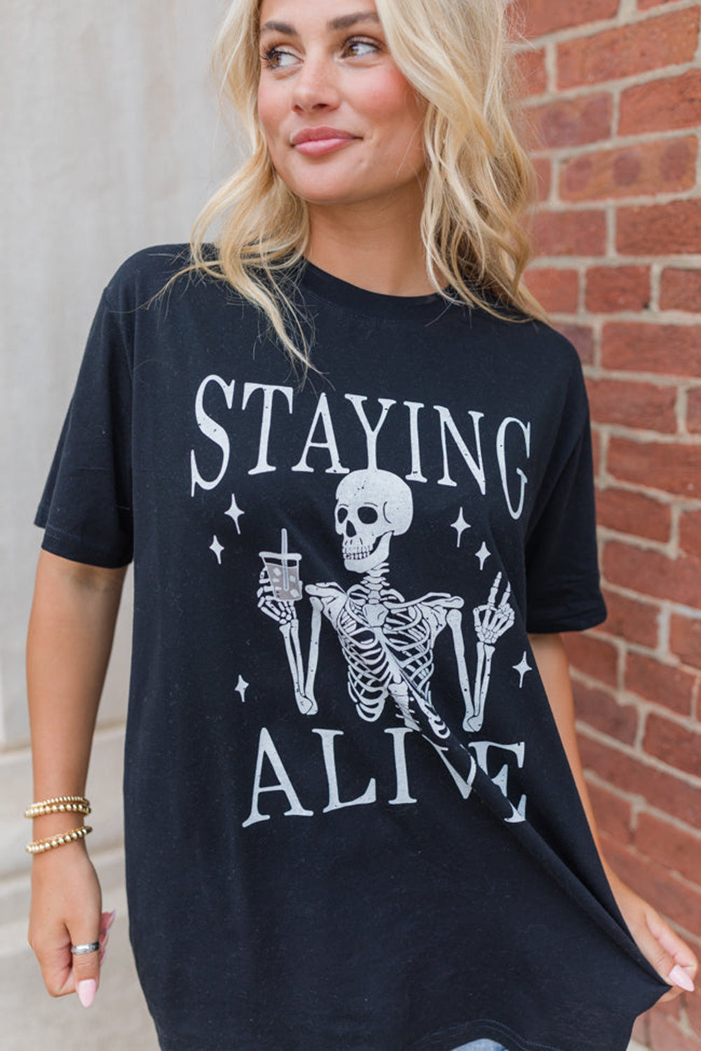 Staying Alive Funny Skeleton Print Round Neck T Shirt | Black