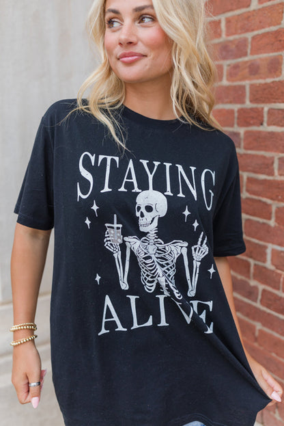 Staying Alive Funny Skeleton Print Round Neck T Shirt | Black