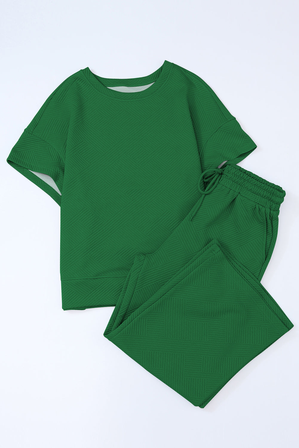 Textured Loose Fit T Shirt And Drawstring Pants Set | Dark Green