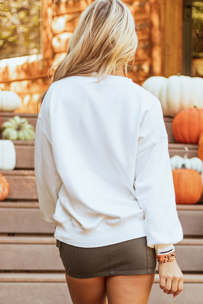 Terry Halloween Pumpkin Patched Pattern Pullover Sweatshirt | White