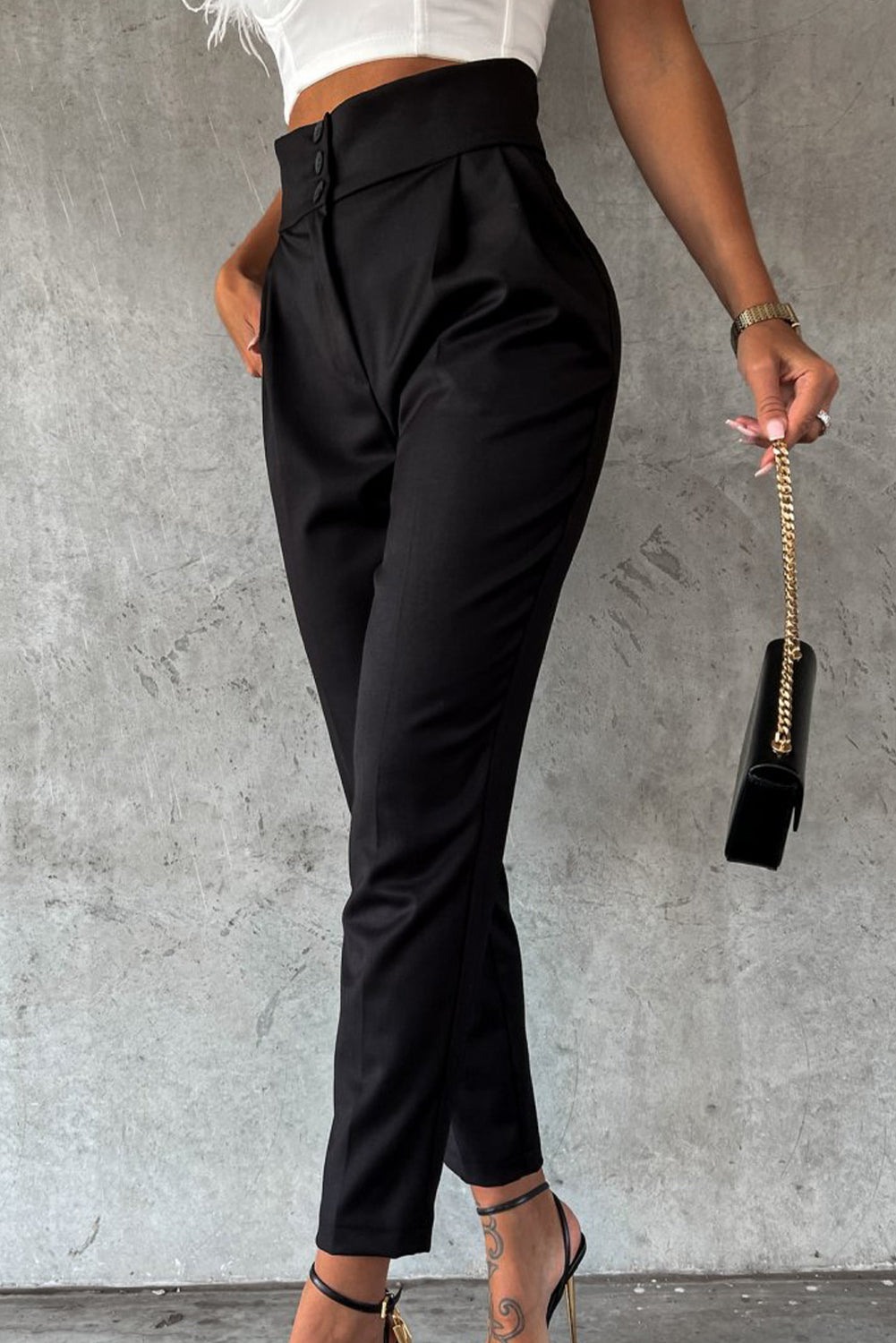 Button High Waist Tapered Pants | Black