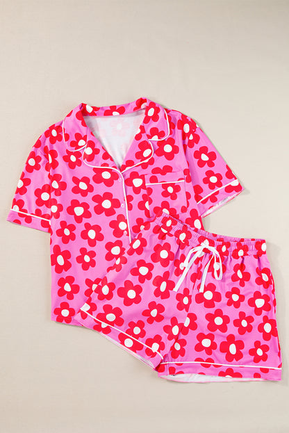 Flower Print Short Sleeve Shirt Pajamas Set | Pink