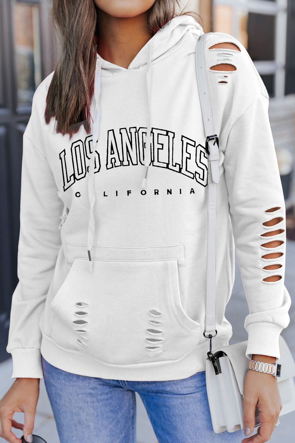 White LOS ANGELES Ripped Kangaroo Pocket Hoodie