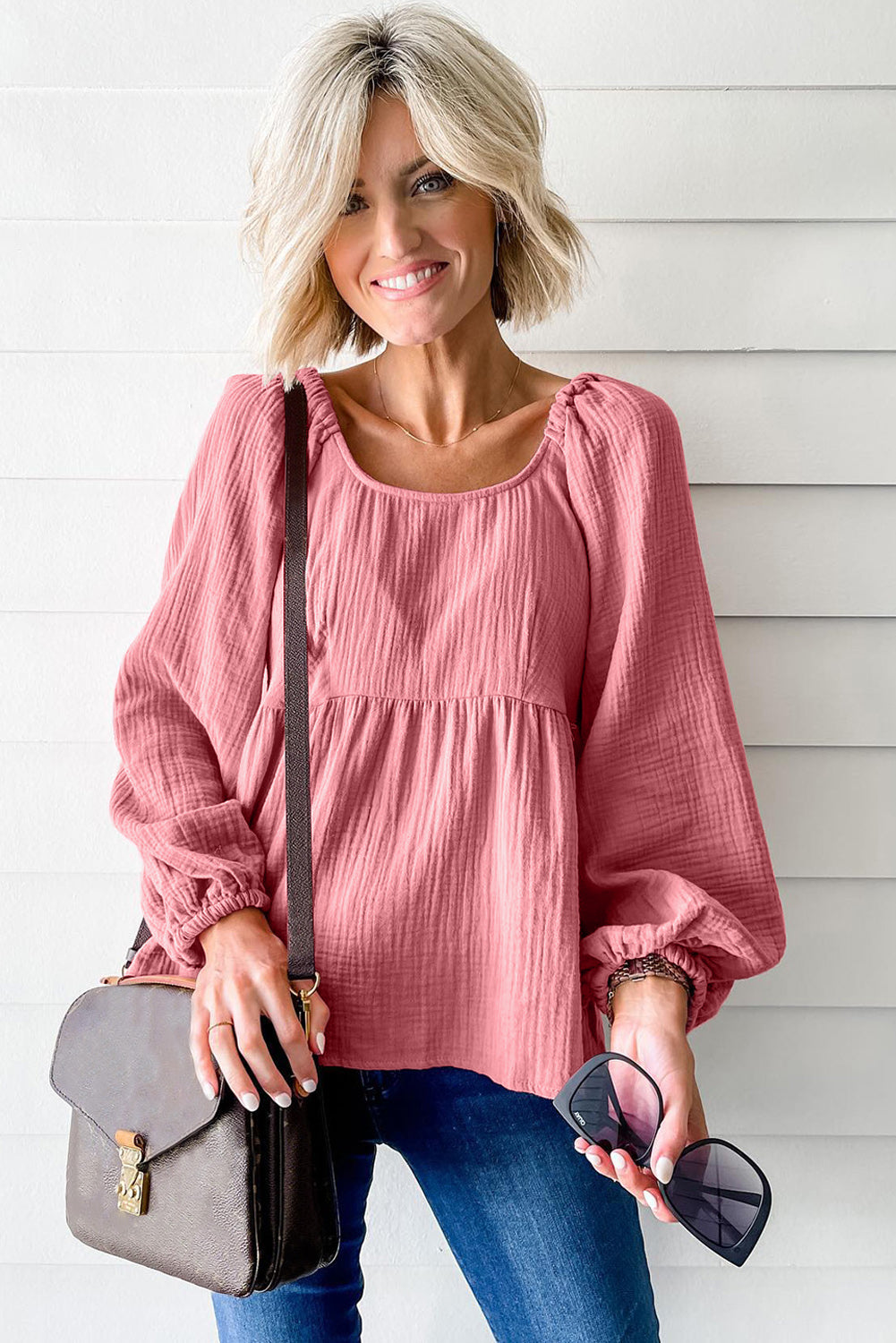 Bubble Sleeve Textured Flowy Blouse | Pink