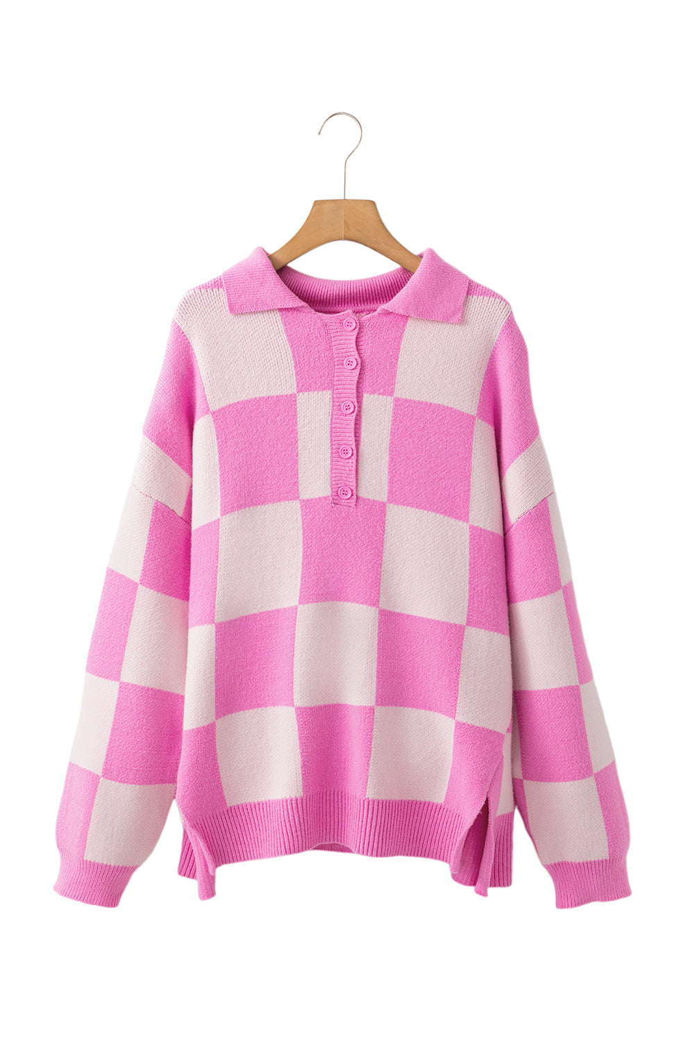 Checkerboard Half Button Collared Drop Shoulder Sweater | Pink