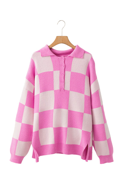 Checkerboard Half Button Collared Drop Shoulder Sweater | Pink