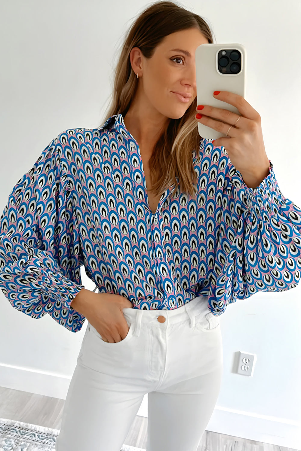 Abstract Print Shirred Cuff Buttoned Oversized Shirt | Sky Blue