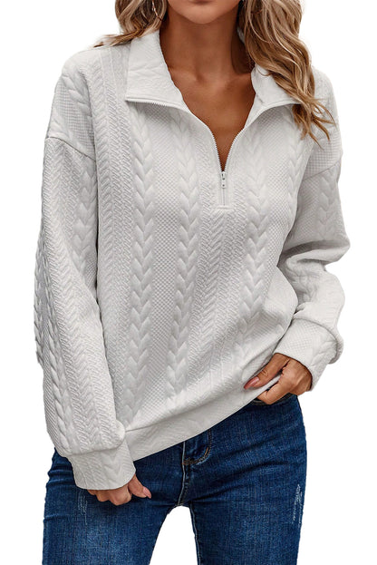 Zip Up Cable Textured Sweatshirt | White