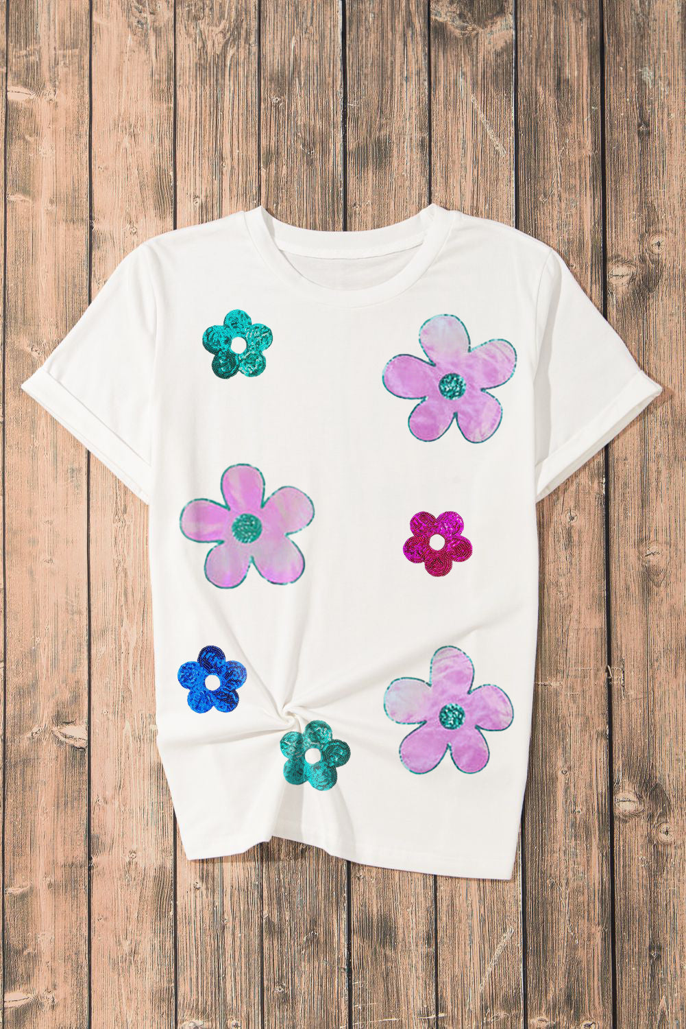 Sequined Flower Pattern Round Neck T Shirt | White