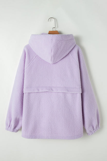 Zipped Patch Pocket Fuzzy Drawstring Hoodie | Lavendula