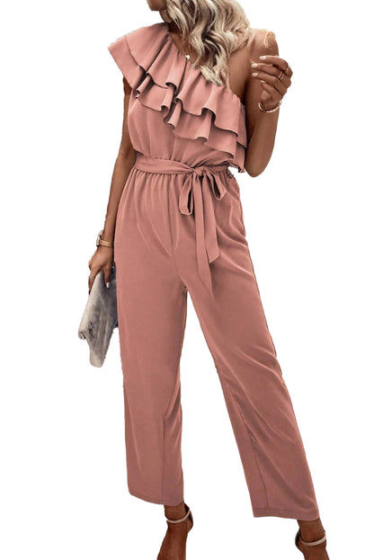 One Shoulder Ruffle Trim Belted Jumpsuit | Dusty Pink