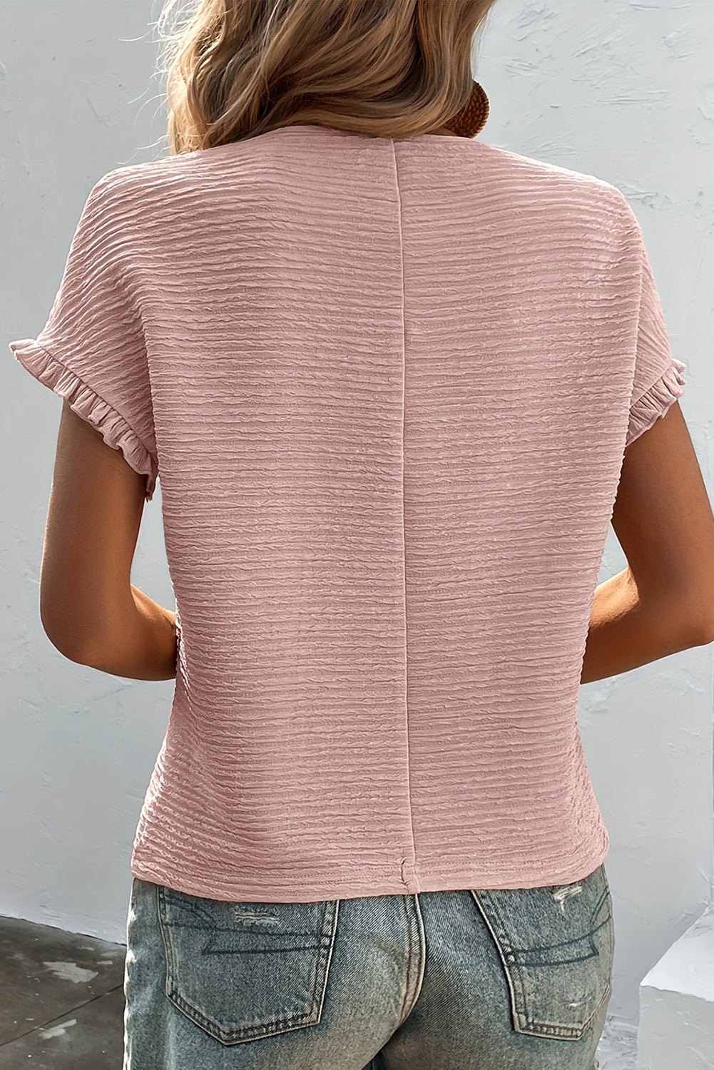 Solid Textured Ruffled Short Sleeve Blouse | Light Pink