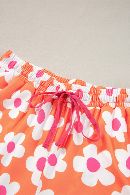 Flower Print Short Sleeve Shirt Pajamas Set | Orange