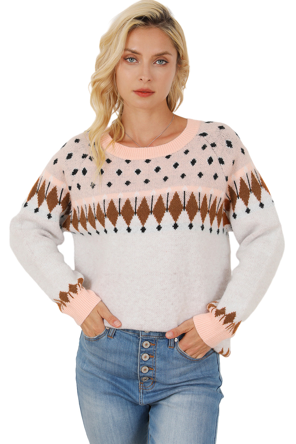 Mixed Geometric Detail Raglan Sleeve Sweater | Multicolour