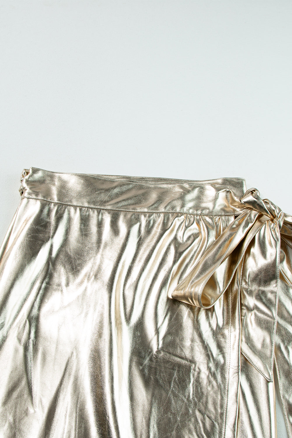 Metallic Leather Knotted Wrap Midi Skirt | Gold