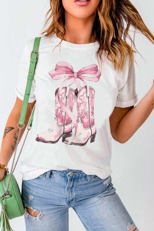 White Western Boots Bow Knot Print Crew Neck T Shirt