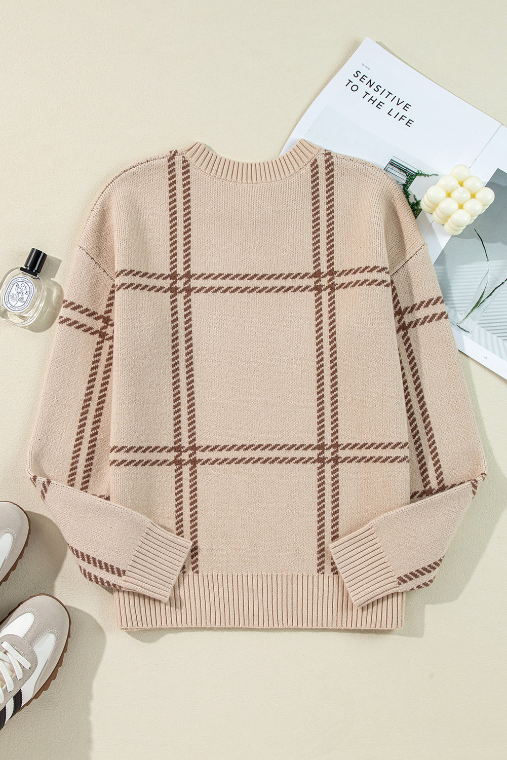 Plaid Pattern Knitted Drop Shoulder Sweater | Khaki