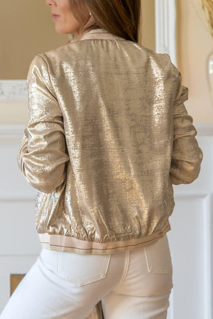 Metallic Zip Up Baseball Jacket | Pale Khaki