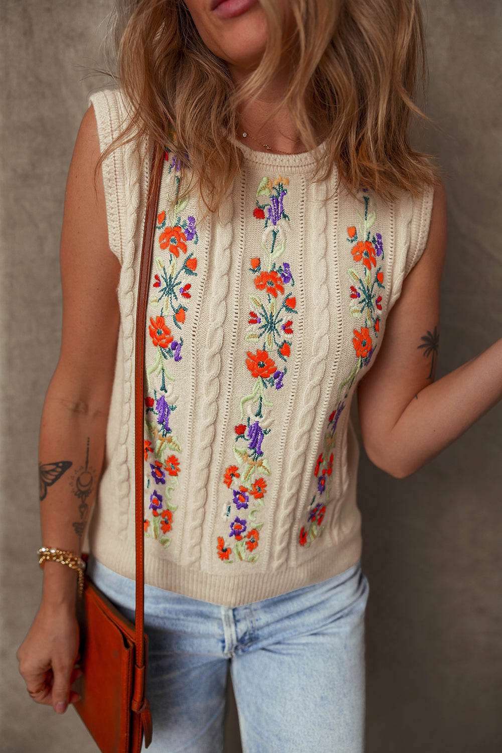 Embroidered Floral Cable Knit Sweater Vest | Jet Stream