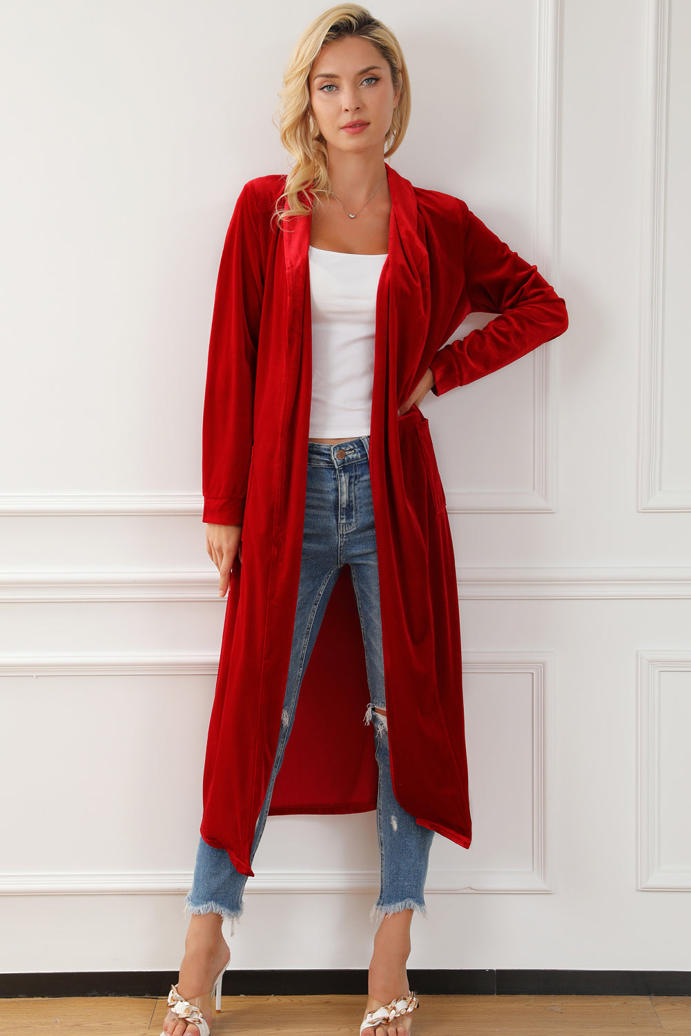 Fiery  Velvet Open Front Pocketed Long Duster | Red