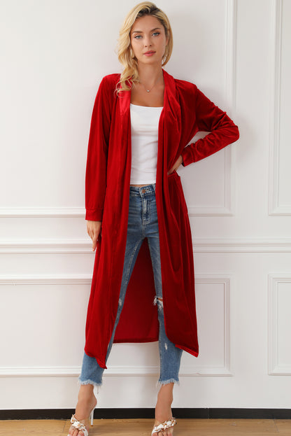 Fiery  Velvet Open Front Pocketed Long Duster | Red