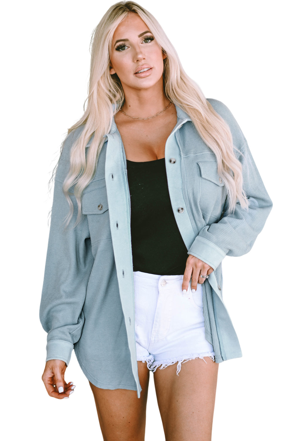 Waffle Knit Pocketed Button-Up Shacket | Sky Blue