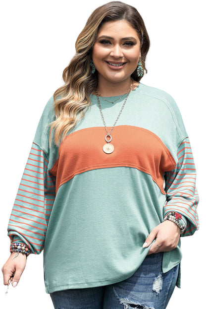 Green Plus Size Striped Long Sleeve Colourblock Tee With Slits | Grass Green