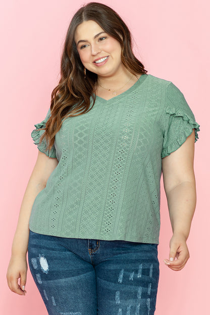 Petal Sleeve Jacquard V Neck Curvy Blouse | Laurel Green