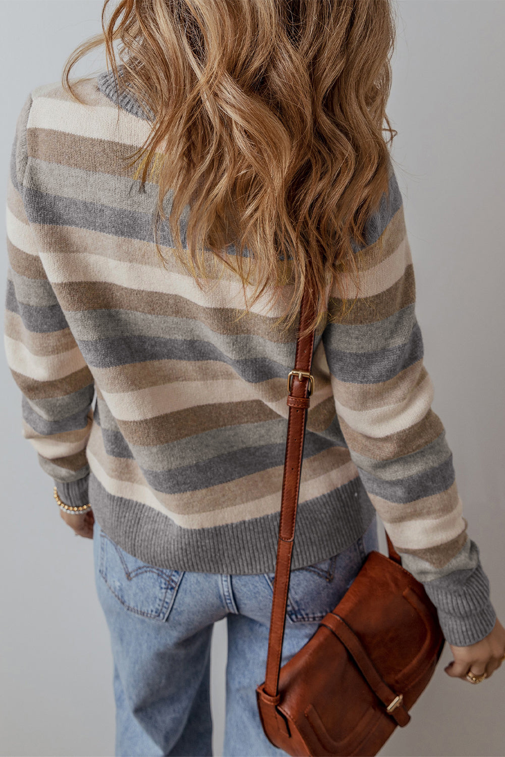 Colour Block Ribbed Edge Round Neck Sweater | Gray Stripe