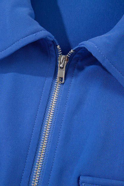 Collar Tab Sleeve Zip Up Flap Detail Jacket | Dusk Blue