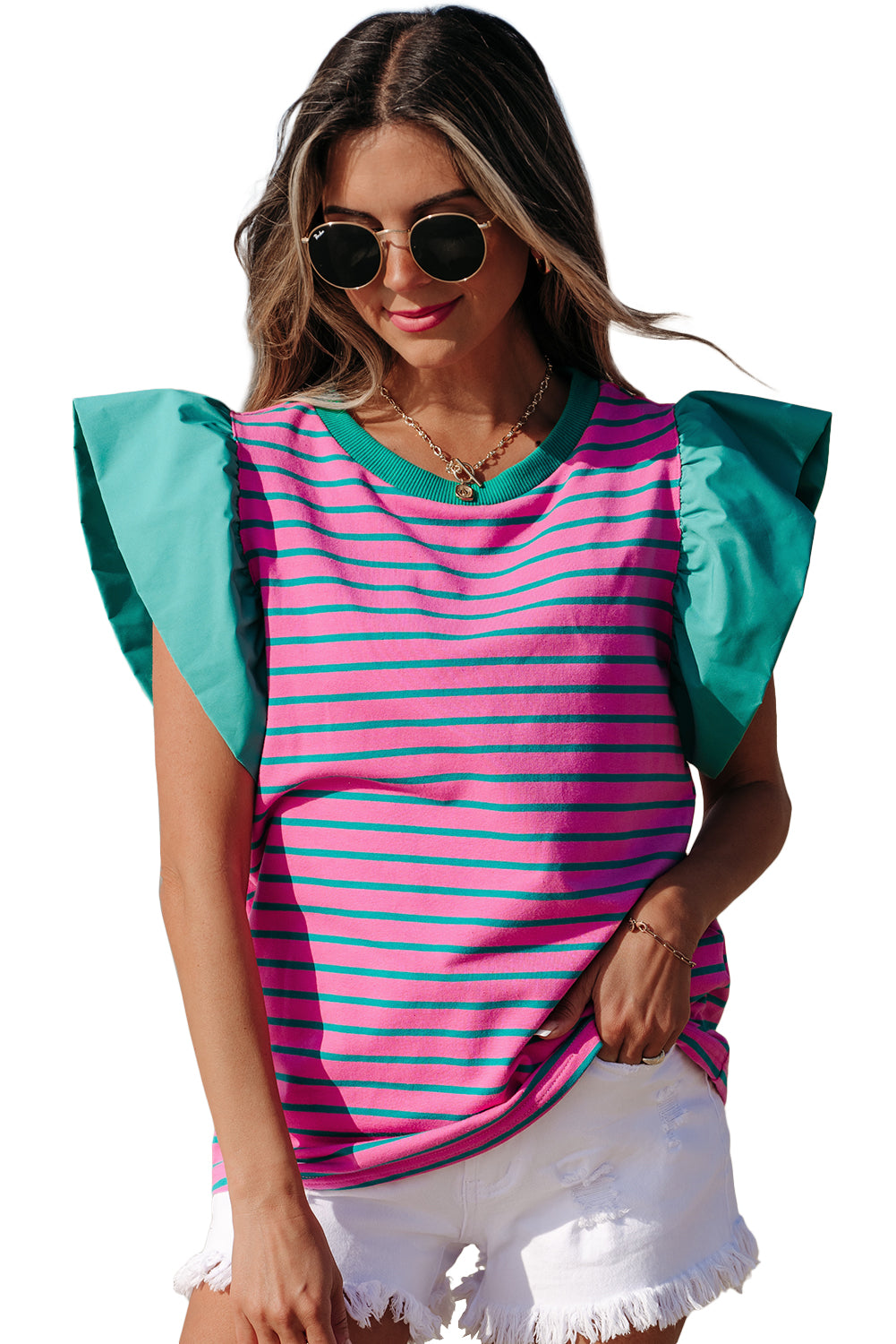 Colourblock Ruffled Sleeve Crew Neck Blouse | Pink Stripe