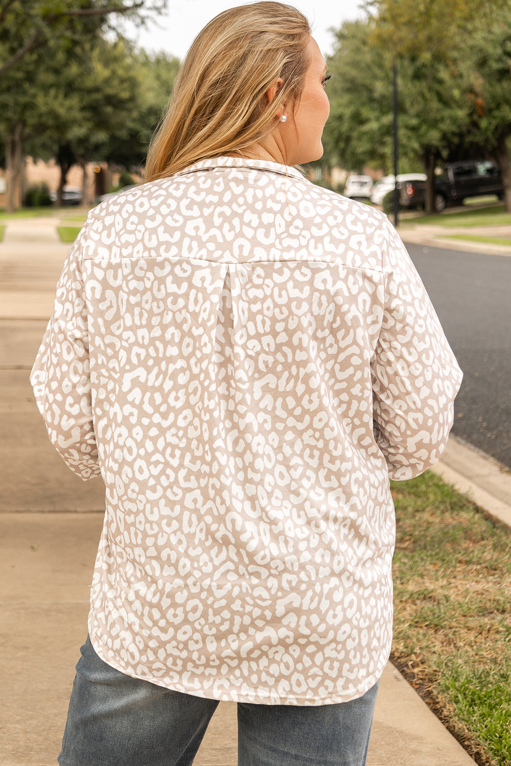 Leopard Tab Sleeve V Neck Plus Size Top | Apricot