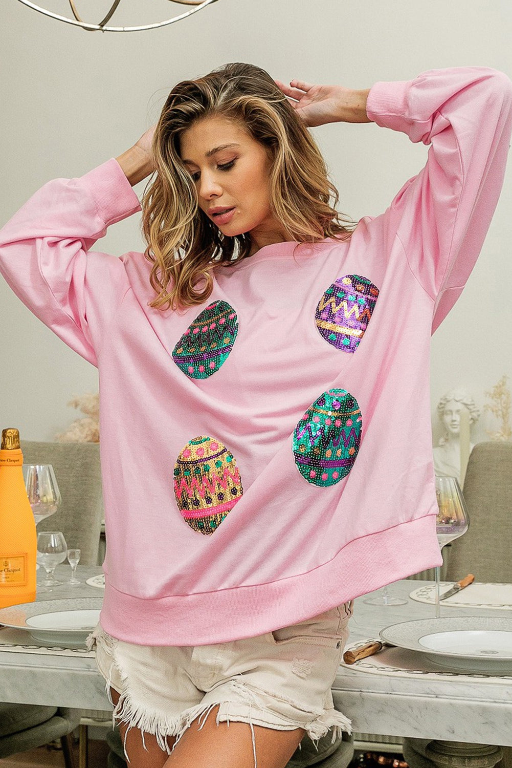 Sequined Easter Egg Drop Shoulder Oversized Sweatshirt | Pink