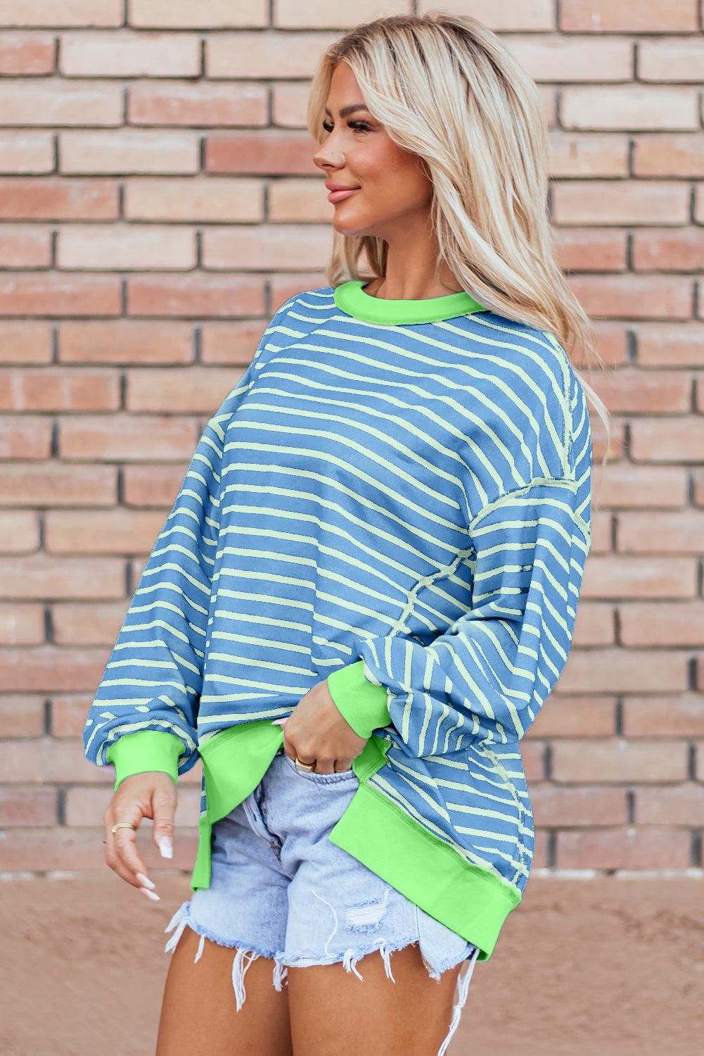 Contrast Trim High Low Pullover Tunic Sweatshirt | Sky Blue Stripe