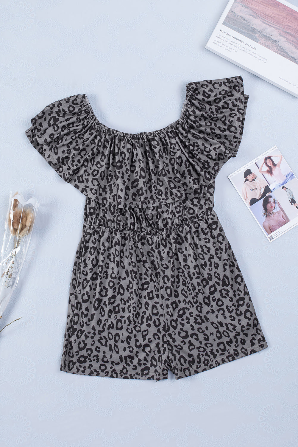 Leopard Off-Shoulder Romper With Pockets | Gray