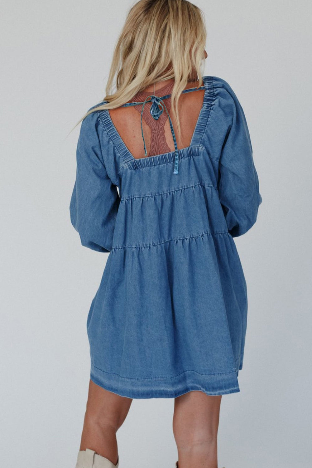 Square Neck Side Pockets Loose Fit Denim Mini Dress | Dusk Blue