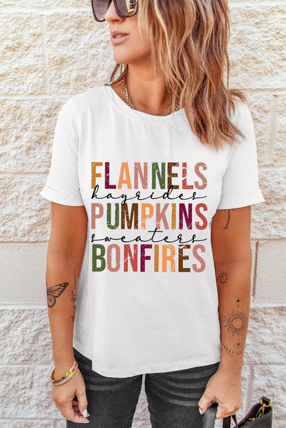 Flannels Pumpkins Bonfires Crewneck Graphic Tee | White