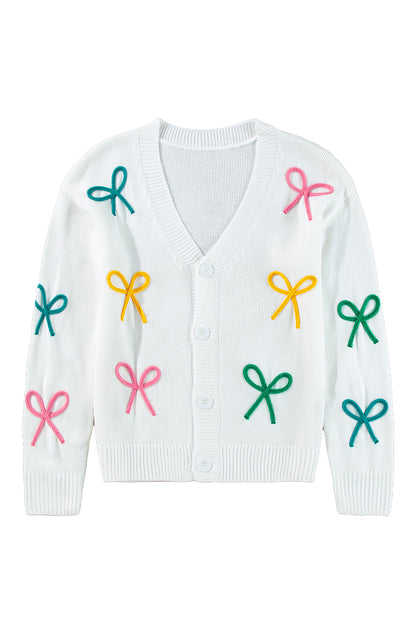 Bowknot Drop Shoulder Knitted Button Up Cardigan | White