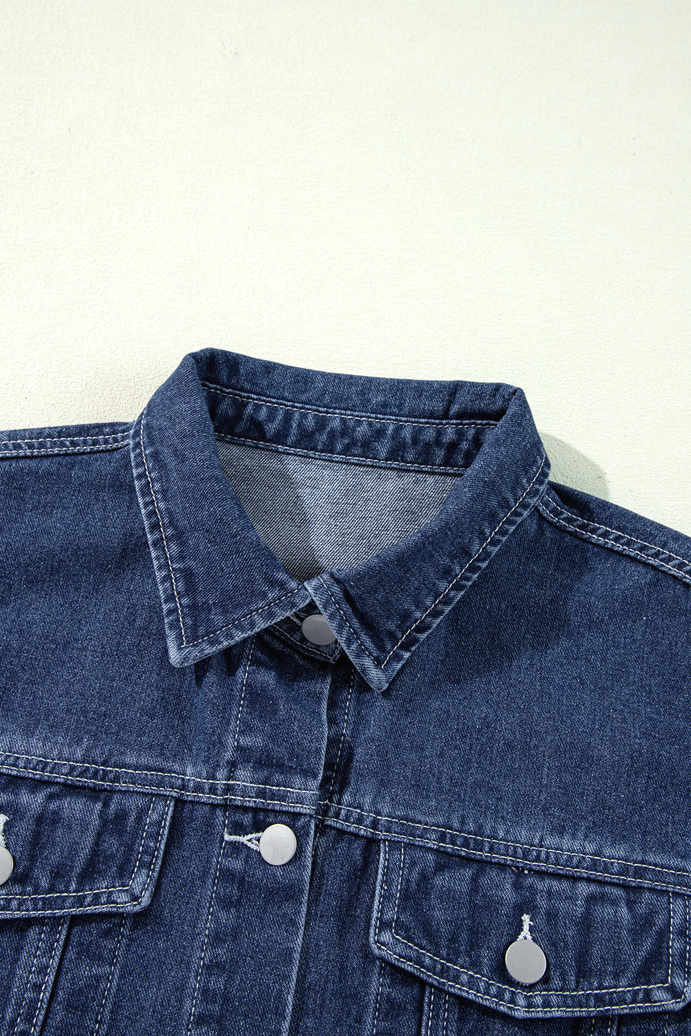 Ruffle Raw Hem Flap Pockets Denim Jacket | Navy Blue