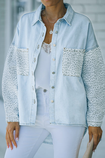 Contrast Leopard Denim Jacket | Sky Blue