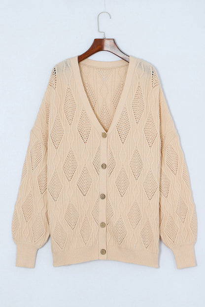 Plus Size Knitted Hollow Out Button Up Cardigan | Apricot